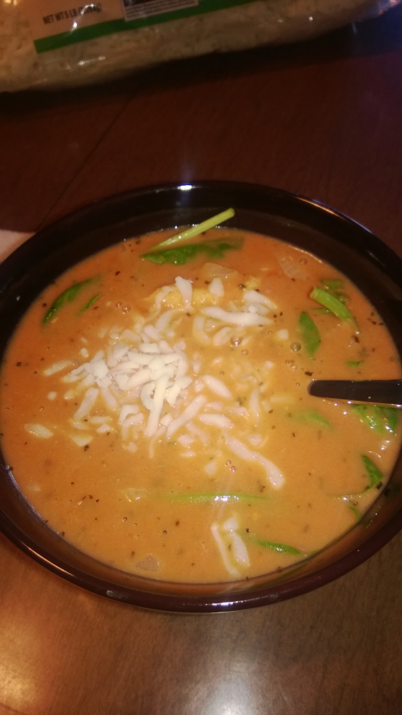 Inexpensive tomato bisque soup with other tasty stuff.