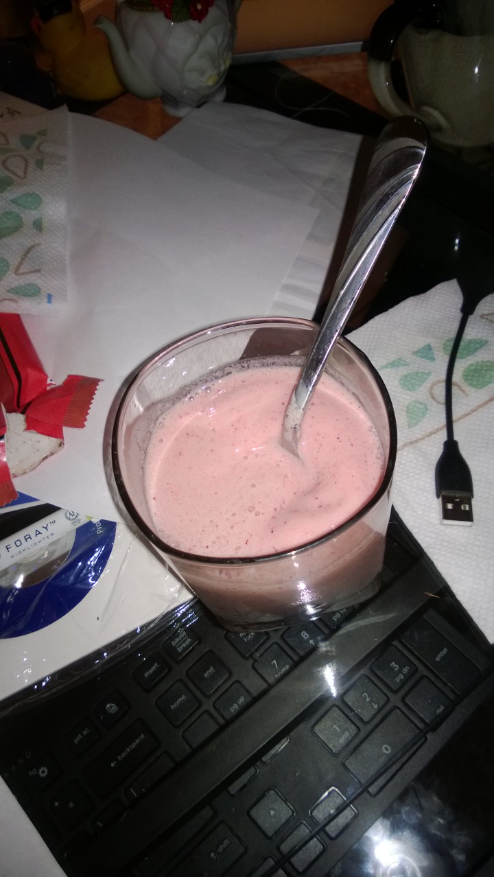 A fruit smoothie that was originally supposed to be grape juice.